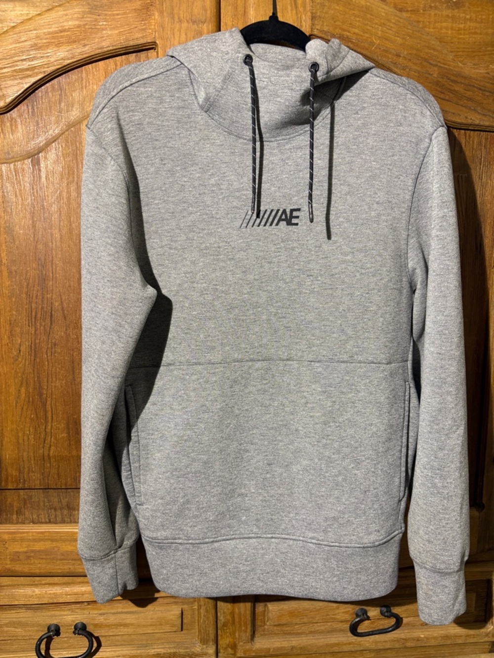 American Eagle Outfitters Gray Pullover Hoodie with Black Drawstrings